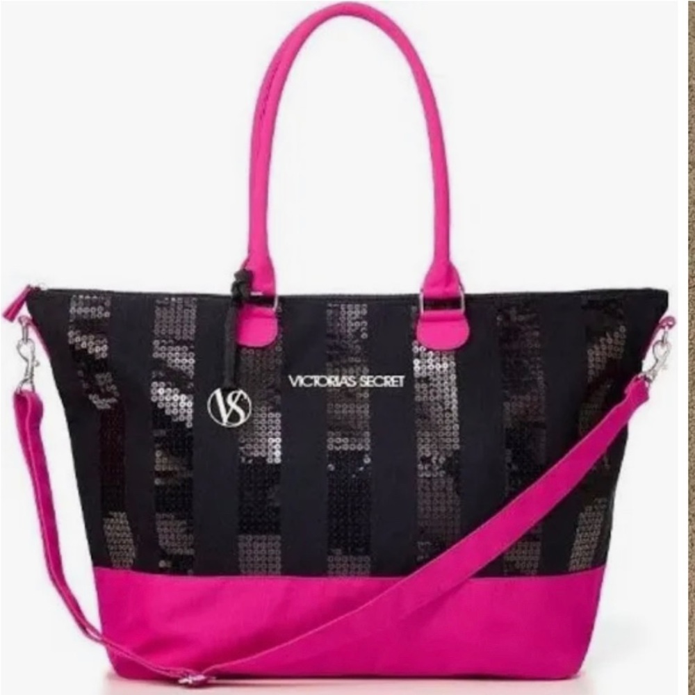 Victoria's Secret Black and Pink Sequined Canvas Tote